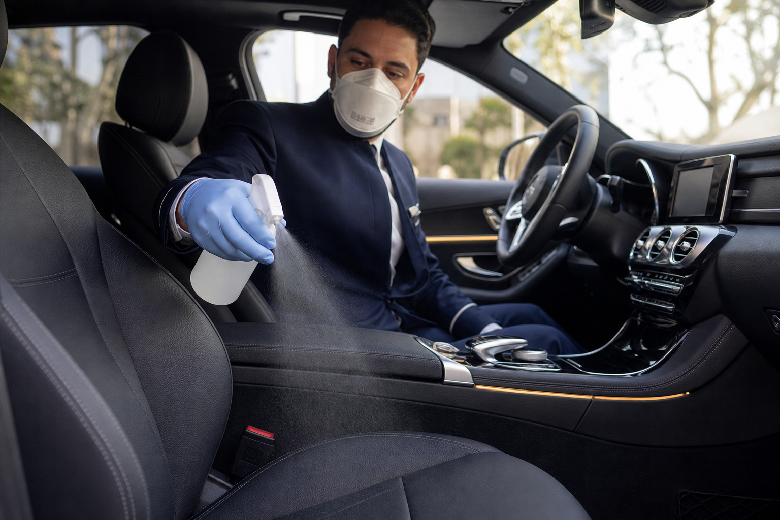 VanBudapest chauffeur wearing a mask and gloves while disinfecting a passenger seat, Budapest