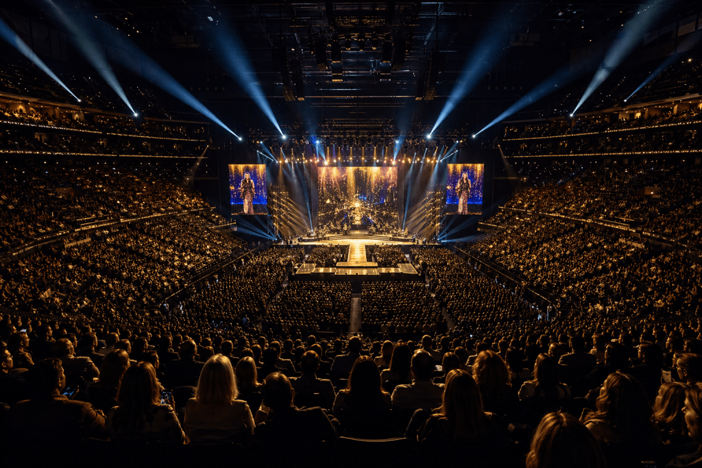 Illustrative packed indoor arena with blue and gold stage lighting