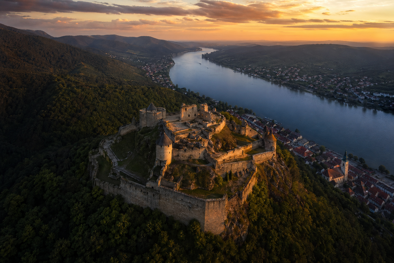 Aerial view of Visegrád Castle ruins on a hilltop overlooking the Danube River at sunset, Hungary