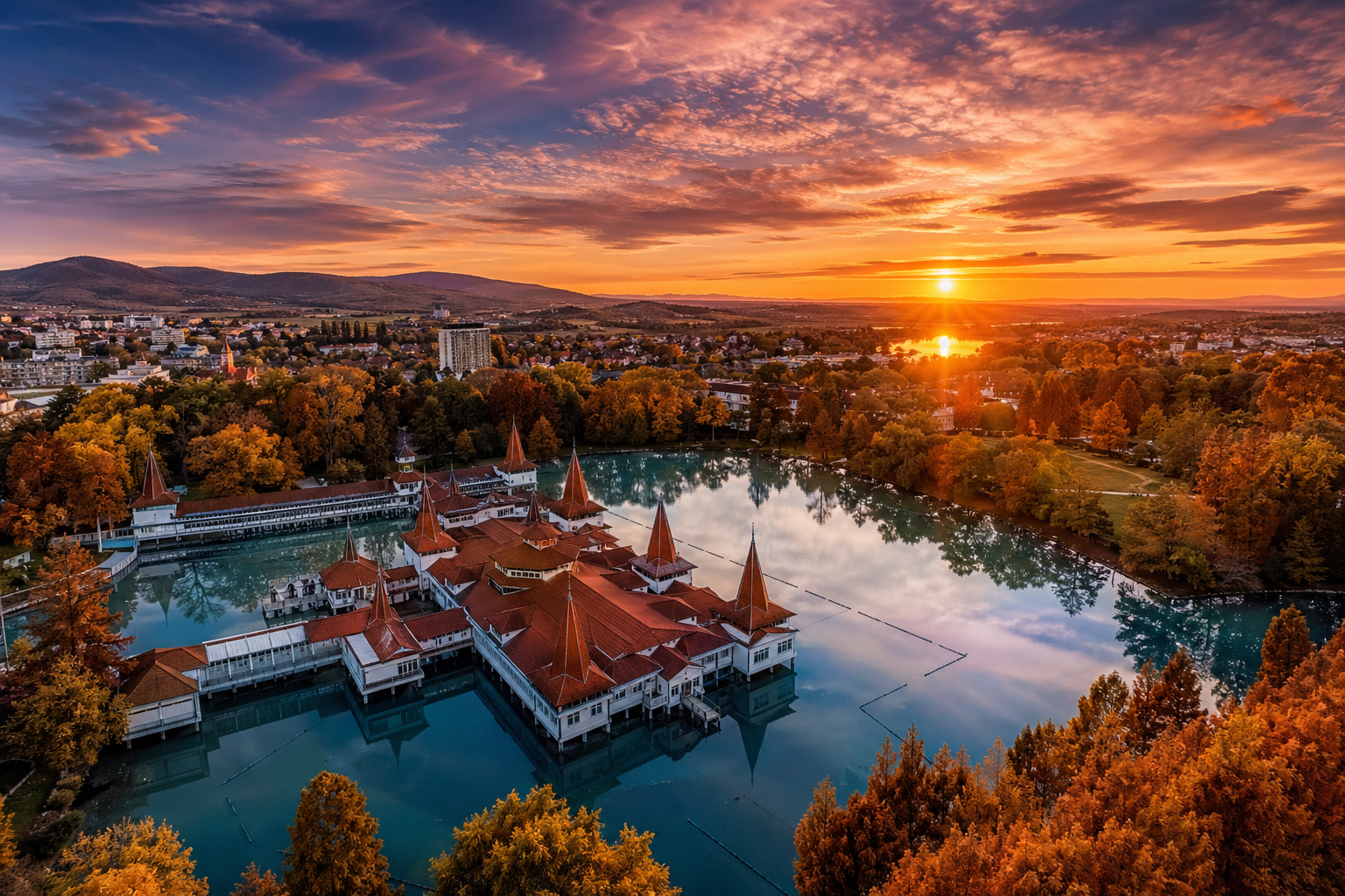 Illustration of Hévíz Lake and its bath buildings at sunset
