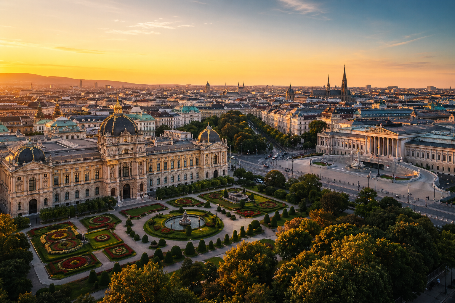 Vienna at golden hour, the destination of a private transfer from Budapest