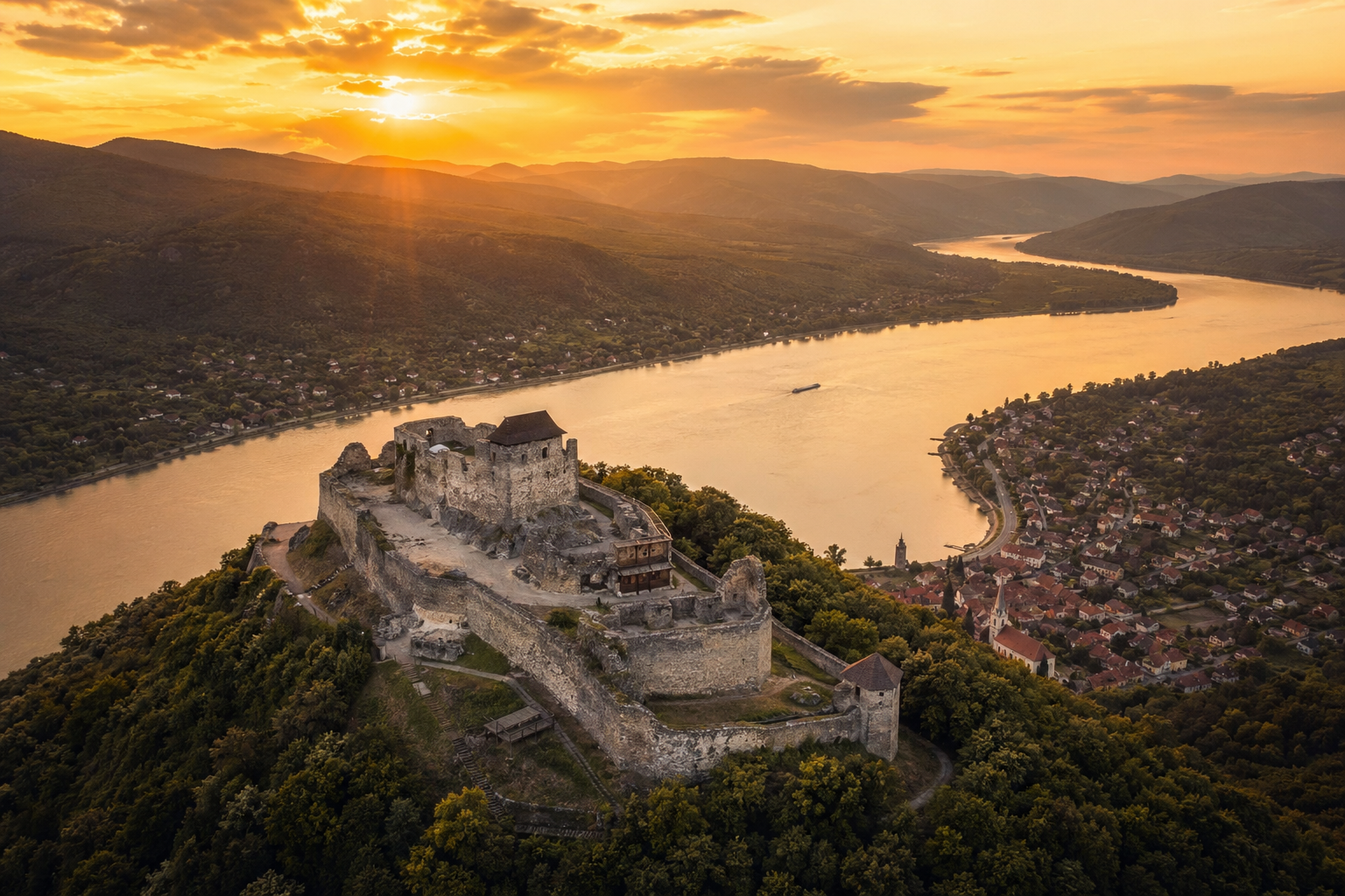Aerial view of Visegrád Castle ruins on a hilltop overlooking the Danube River at golden sunset, Hungary