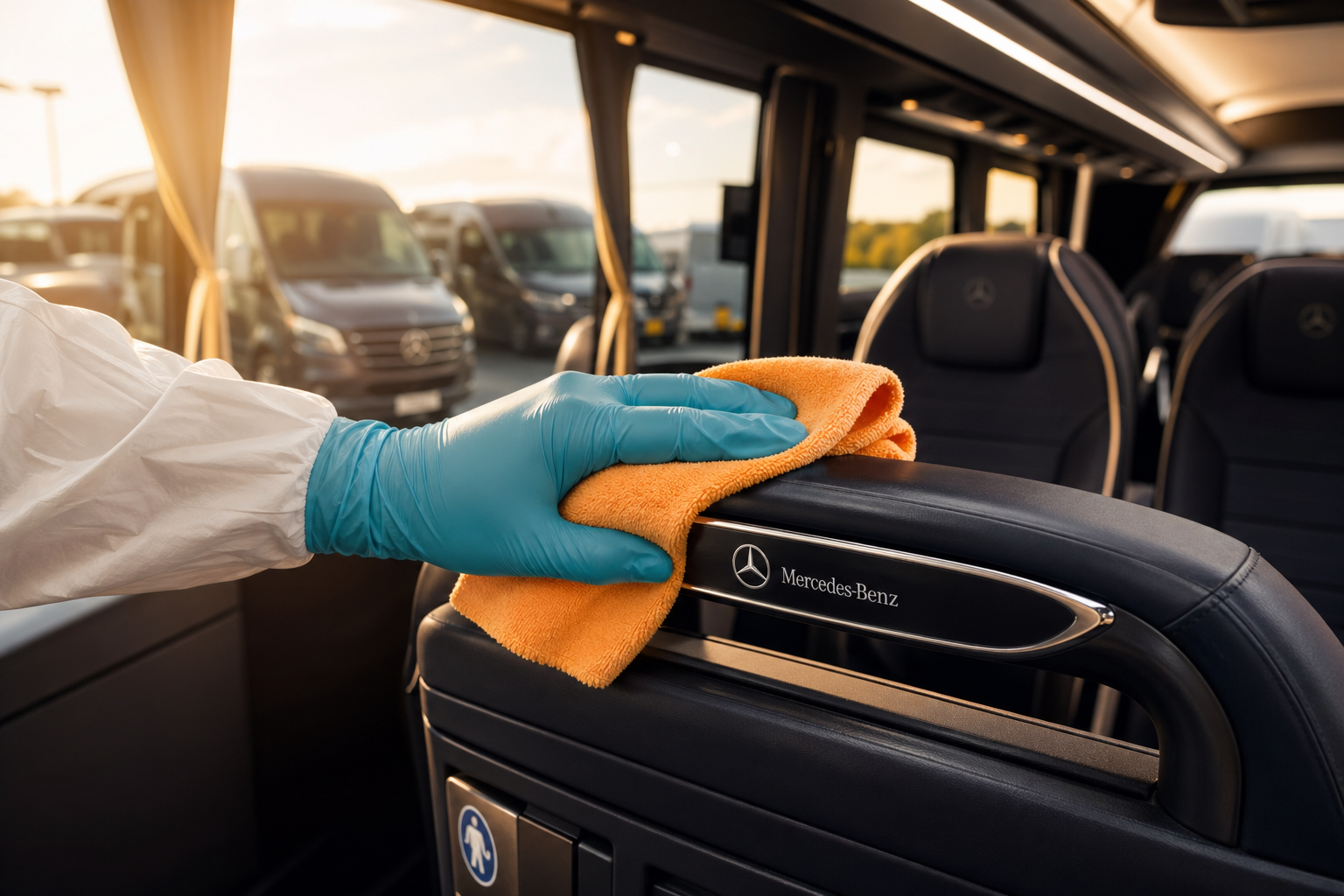 Passenger seat of a Mercedes-Benz van being cleaned with a microfiber cloth, Budapest