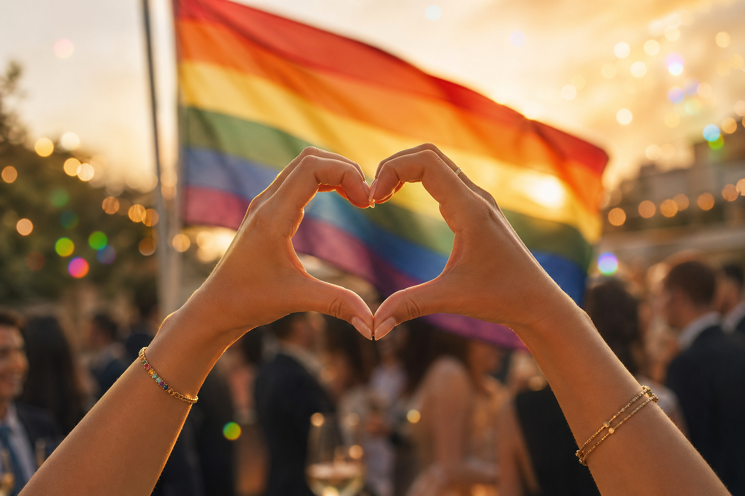 Hands forming a heart in front of a rainbow flag