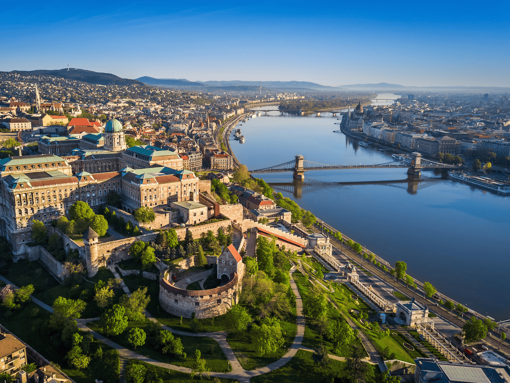 Aerial view of Buda Castle and the Chain Bridge, Budapest