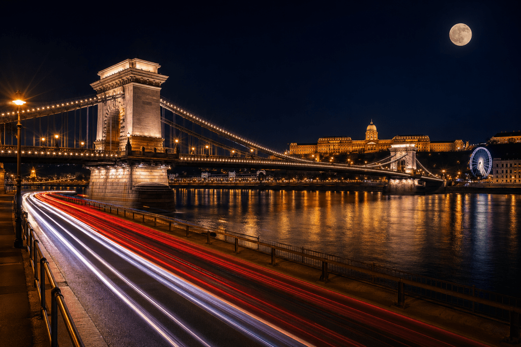Chain Bridge illuminated at night above the Danube in Budapest.
