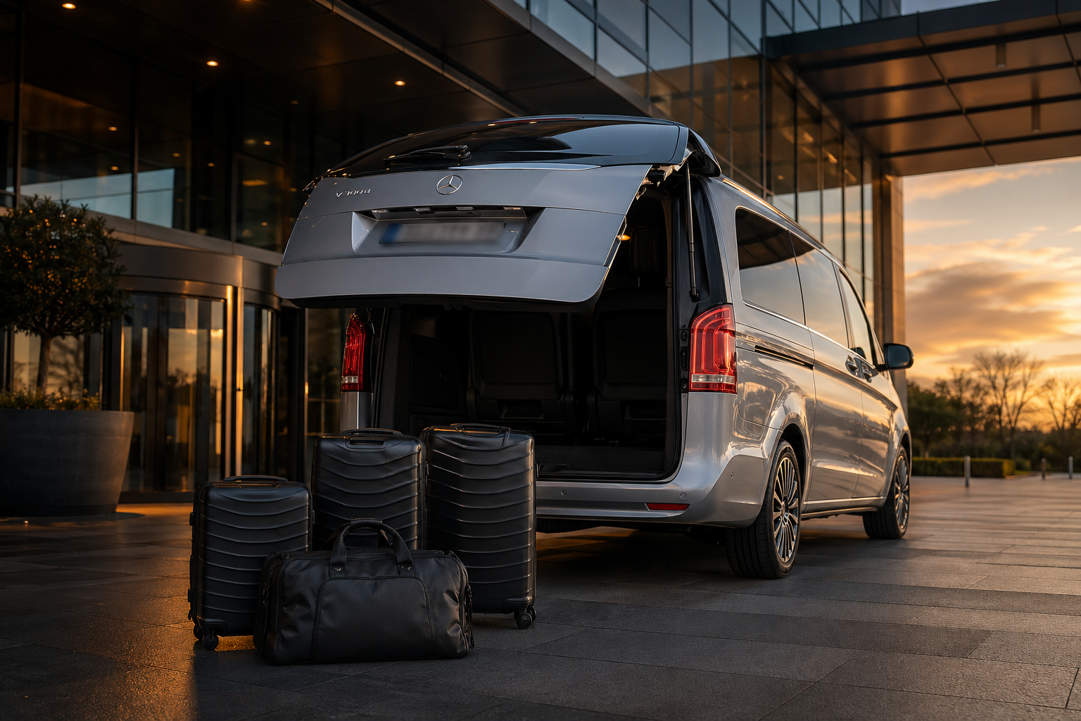 Mercedes-Benz V-Class with open tailgate and suitcases ready for loading