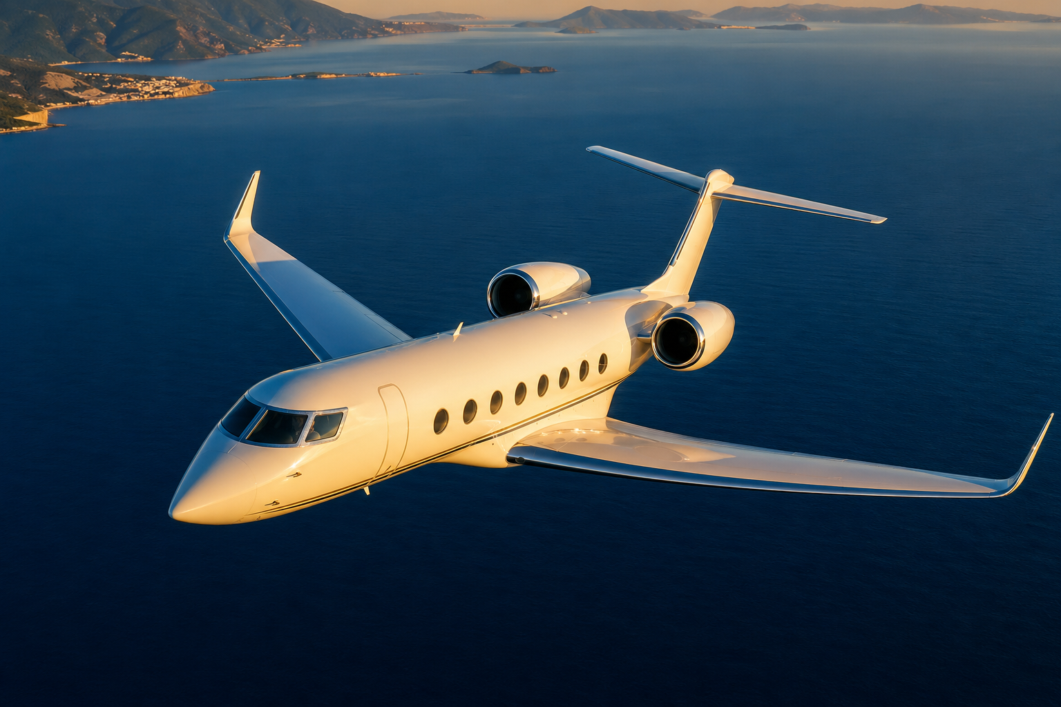 White private luxury jet flying over blue ocean coastline with mountains at golden hour