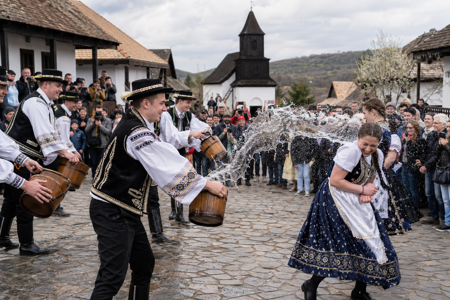 Traditional Hollókő Easter decorations and painted eggs
