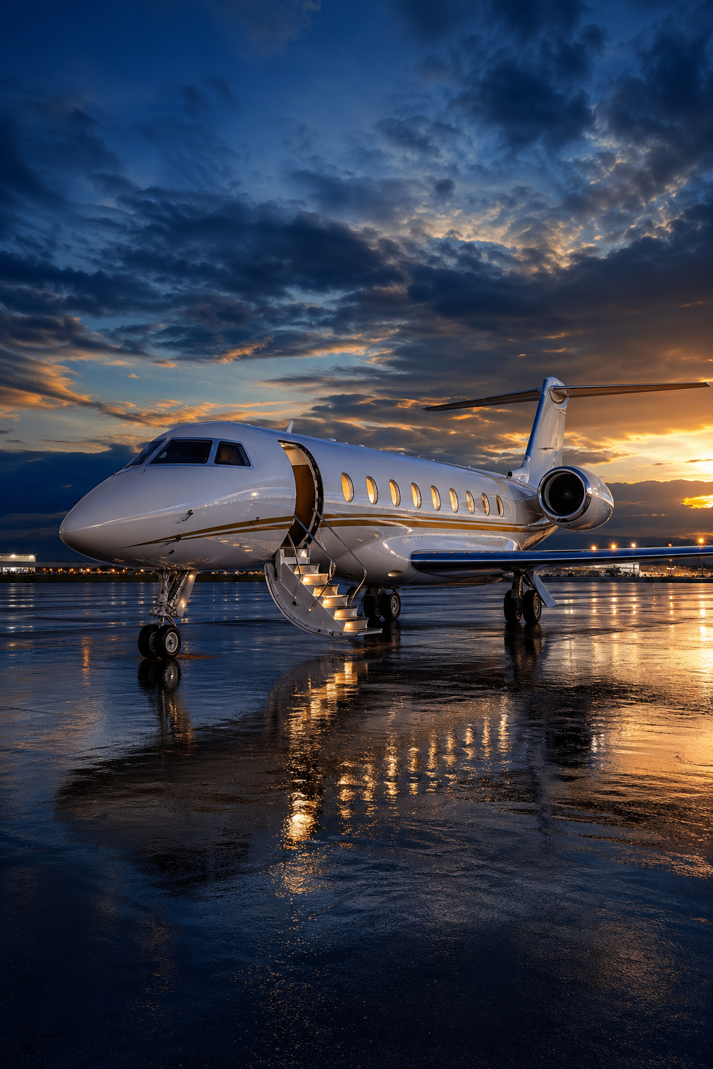 Private jet with open stairs on a wet apron at dusk