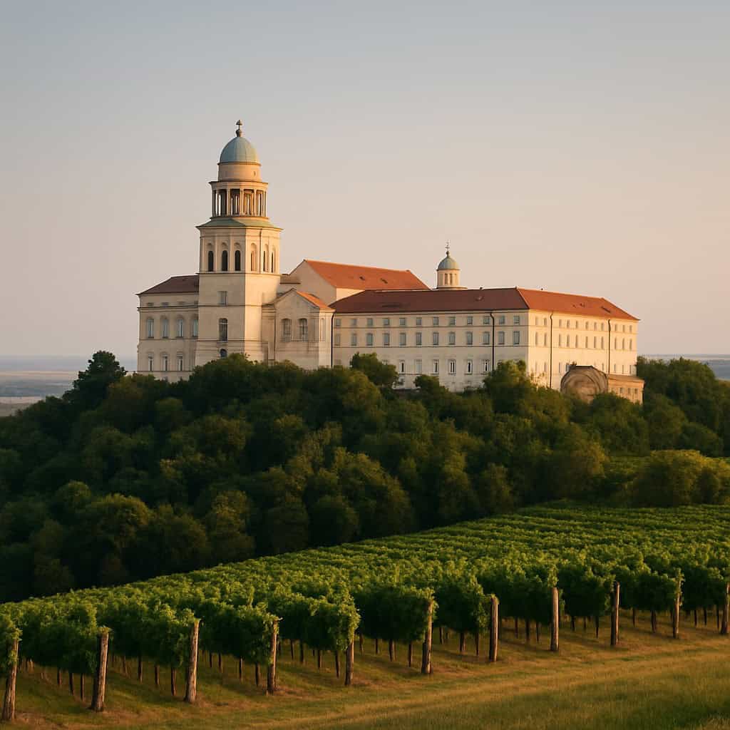 Pannonhalma Erzabtei über den Weinbergen, ein optionaler Stopp zwischen Wien und Budapest