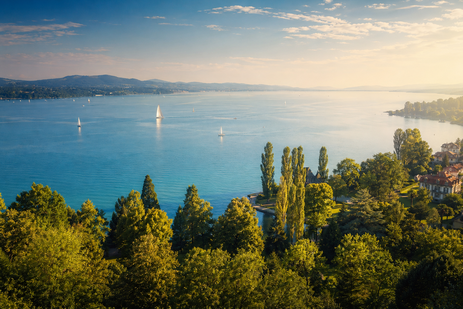 Aerial view of a calm blue lake with sailboats, lush green trees, and lakeside villas under a sunny sky