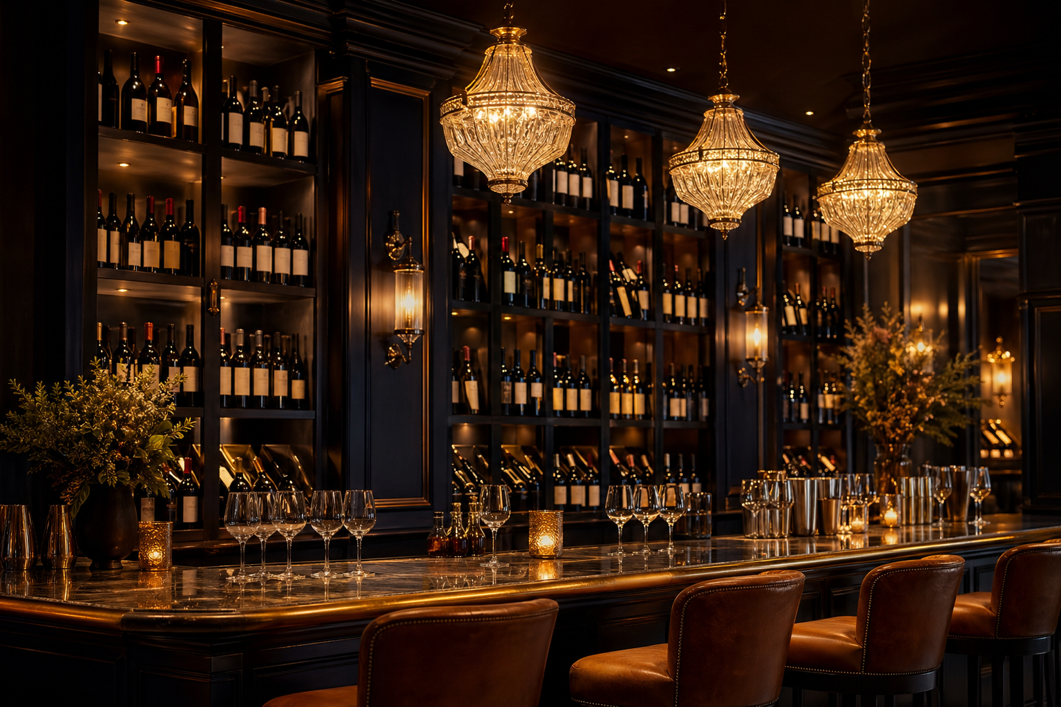 Illustration of a softly lit wine bar with shelves of bottles