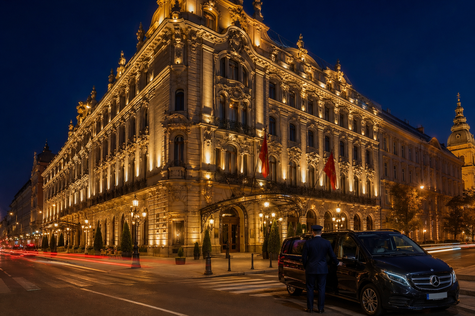 Illuminated grand luxury hotel facade at night with ornate architecture and a uniformed doorman beside a black Mercedes van