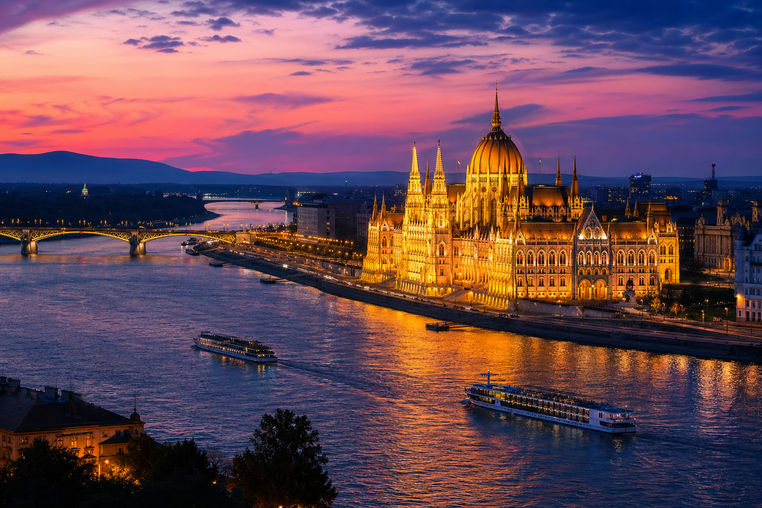Chain Bridge and Danube riverside at dusk