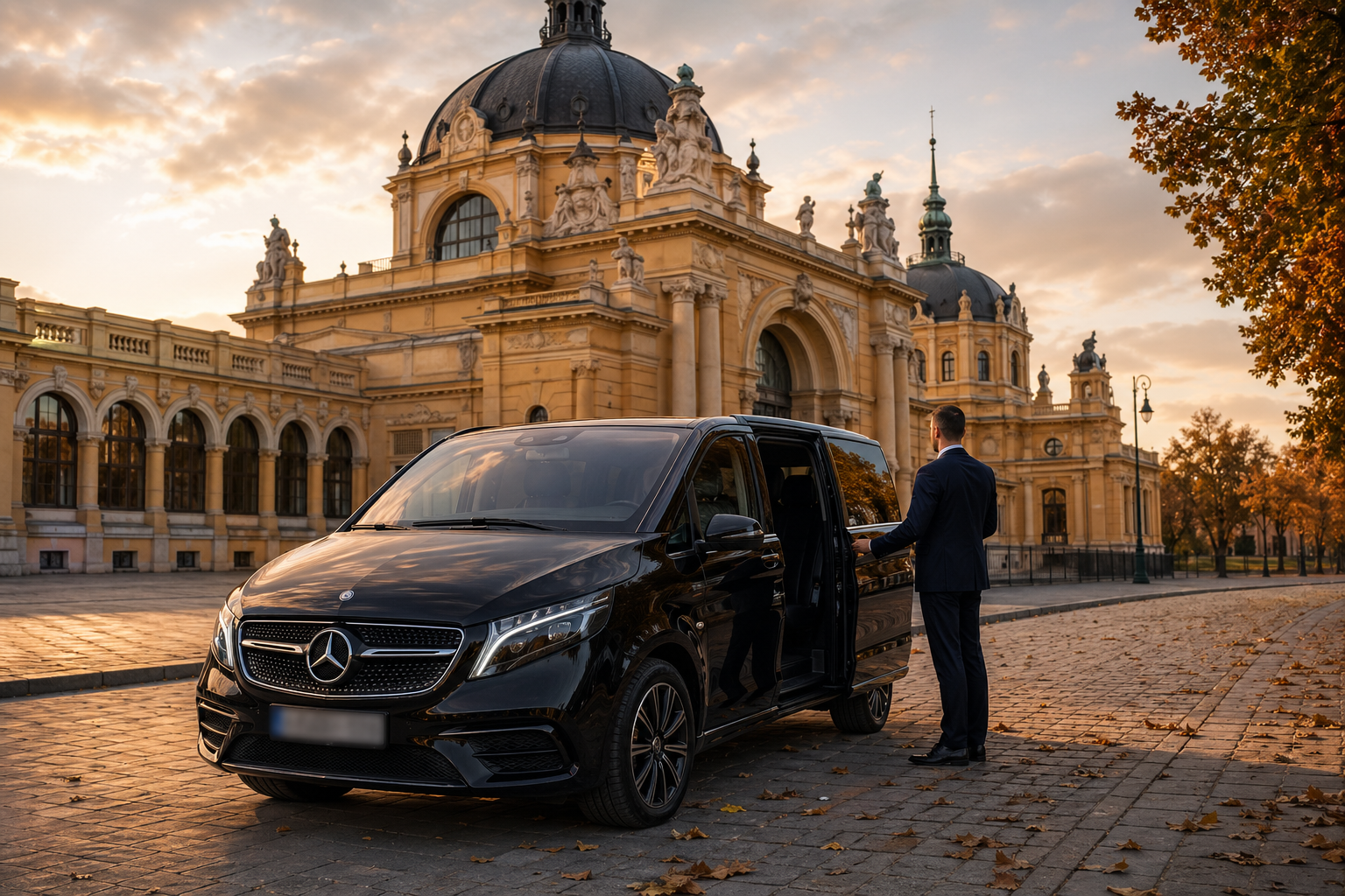 Suited chauffeur opening door of black Mercedes-Benz V-Class van in front of ornate baroque building at sunset