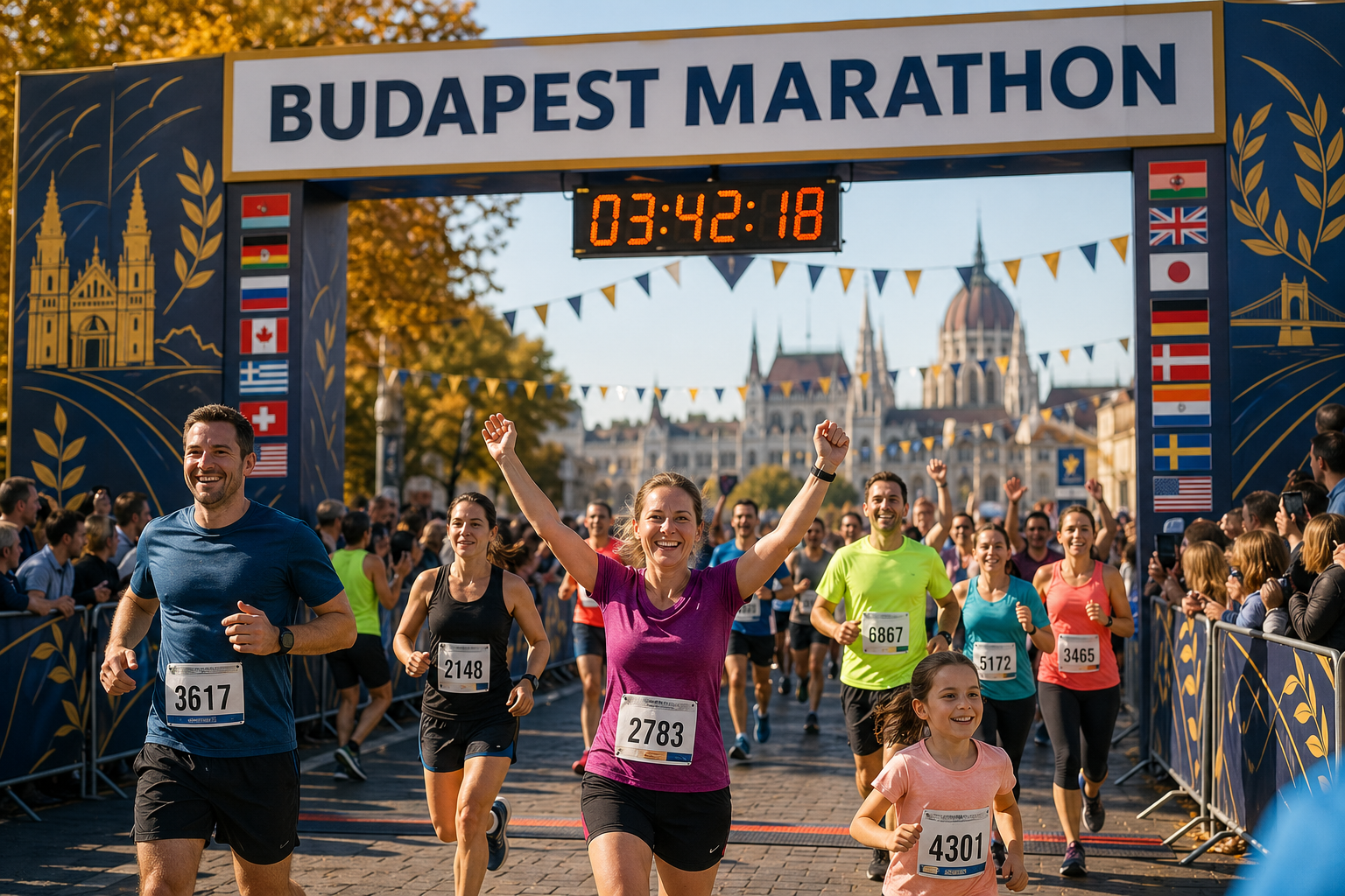 Illustration of runners crossing a Budapest-themed finish line