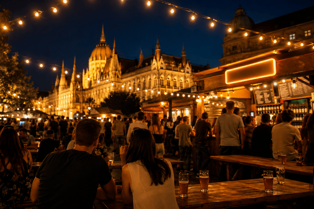 Evening beer-festival atmosphere in Budapest with outdoor stalls and glasses on a table