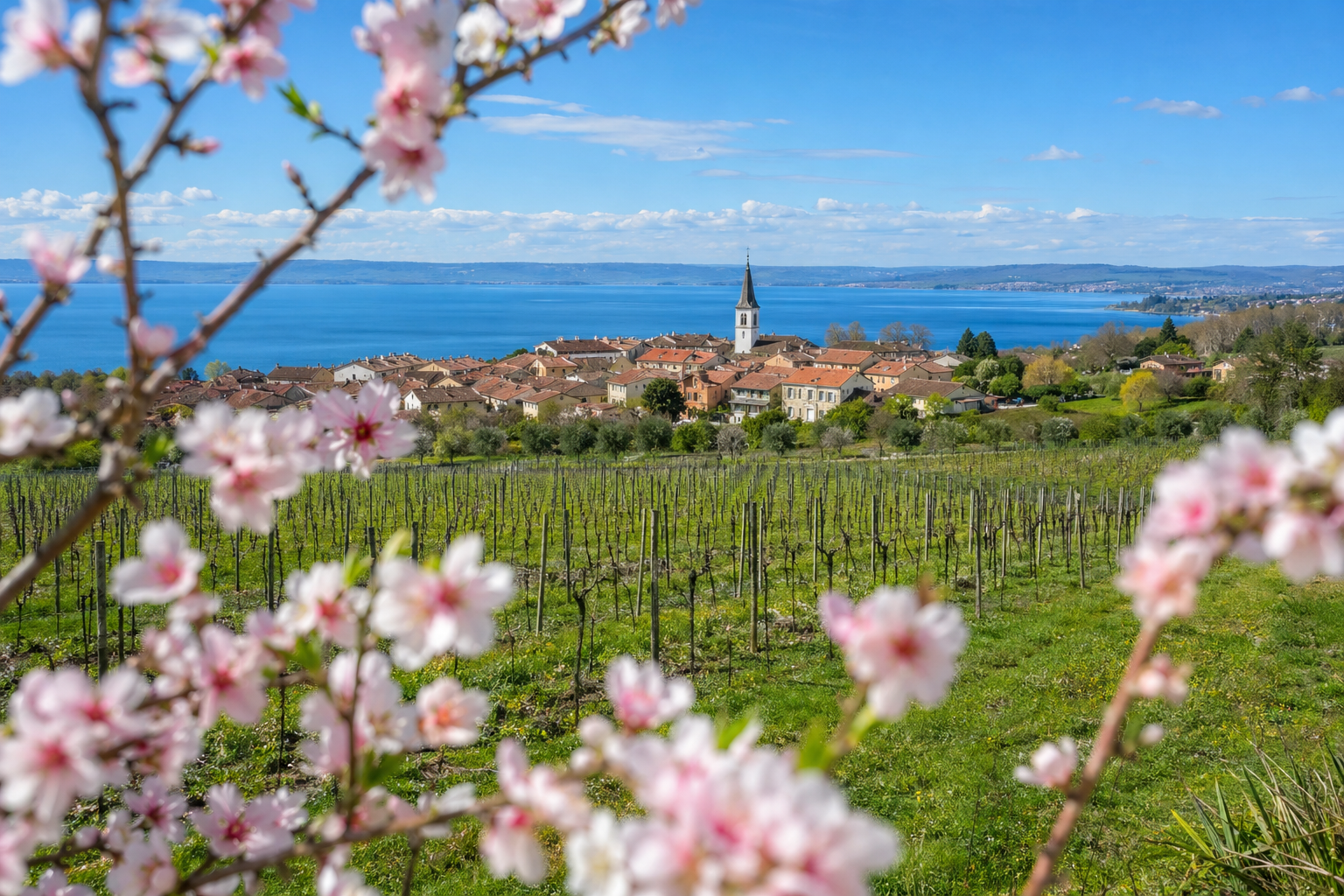 Spring blossoms with Tihany Abbey and vineyards