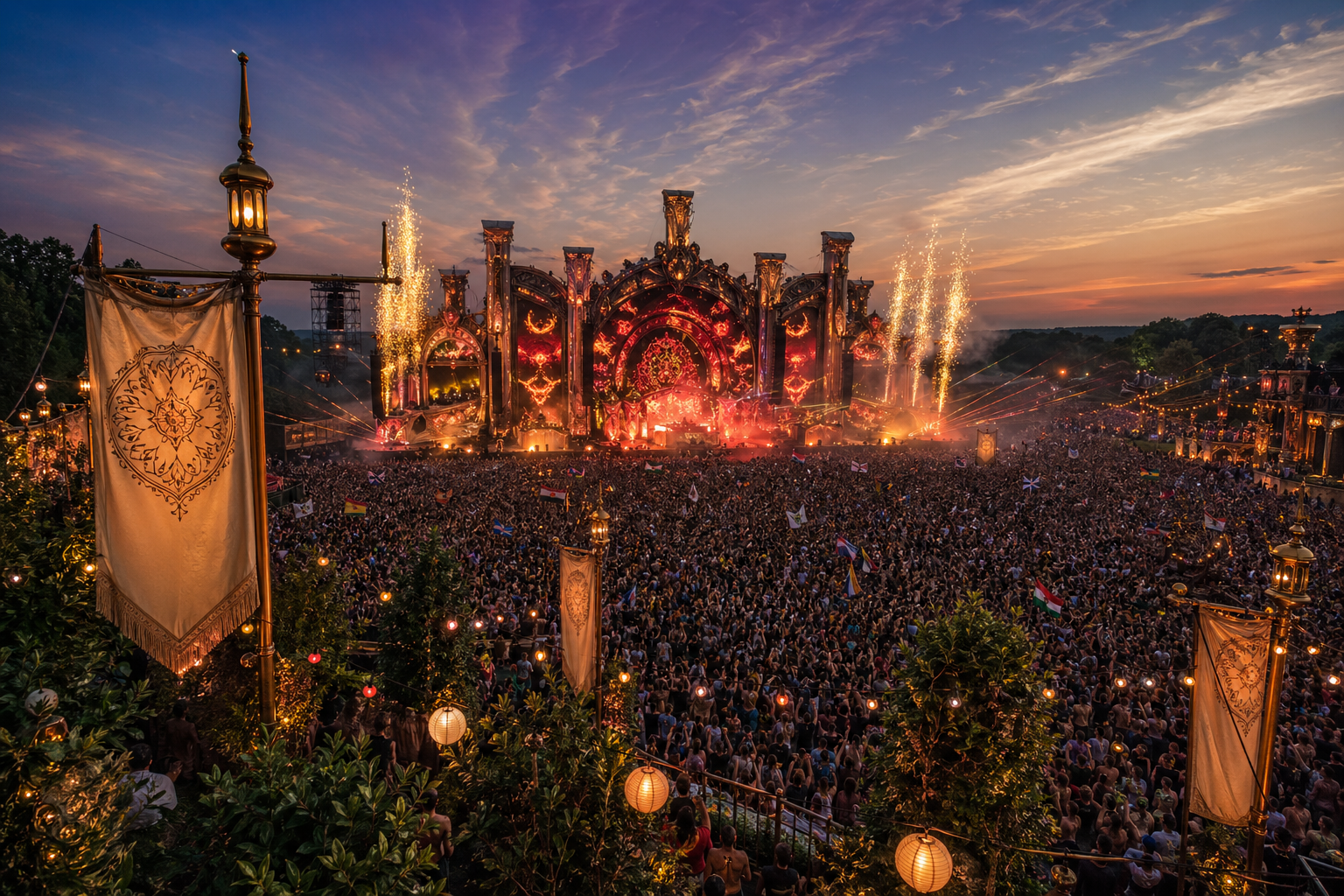 Lakeside stage and dusk skies at a Balaton waterfront festival