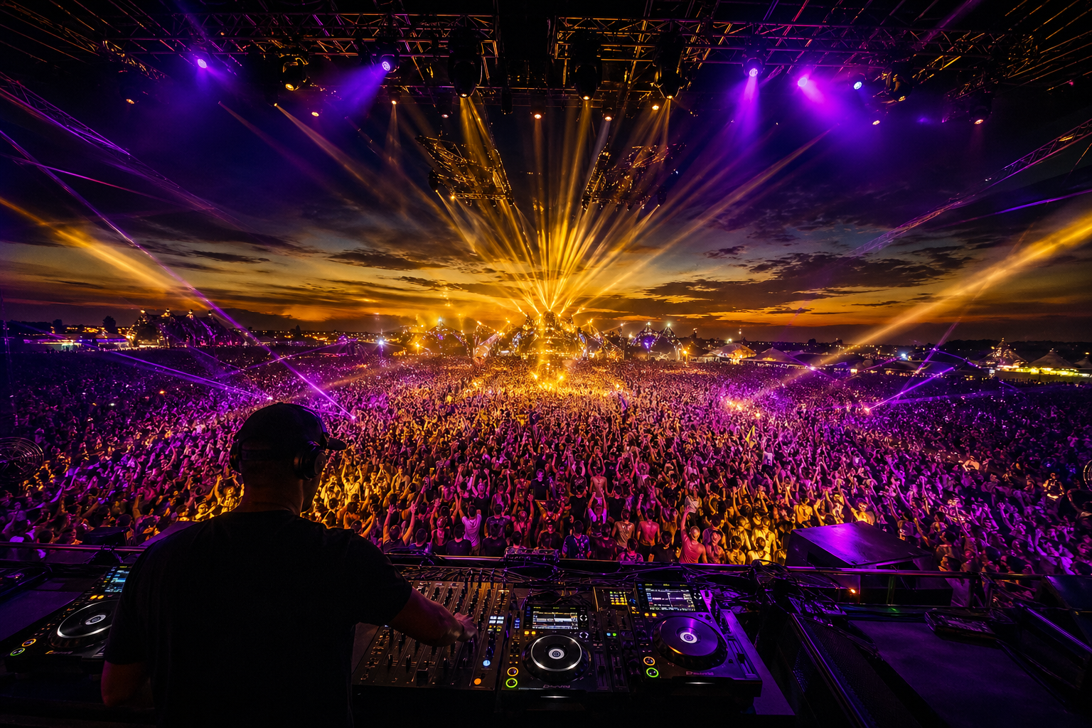 Golden laser beams sweep an electronic dance crowd