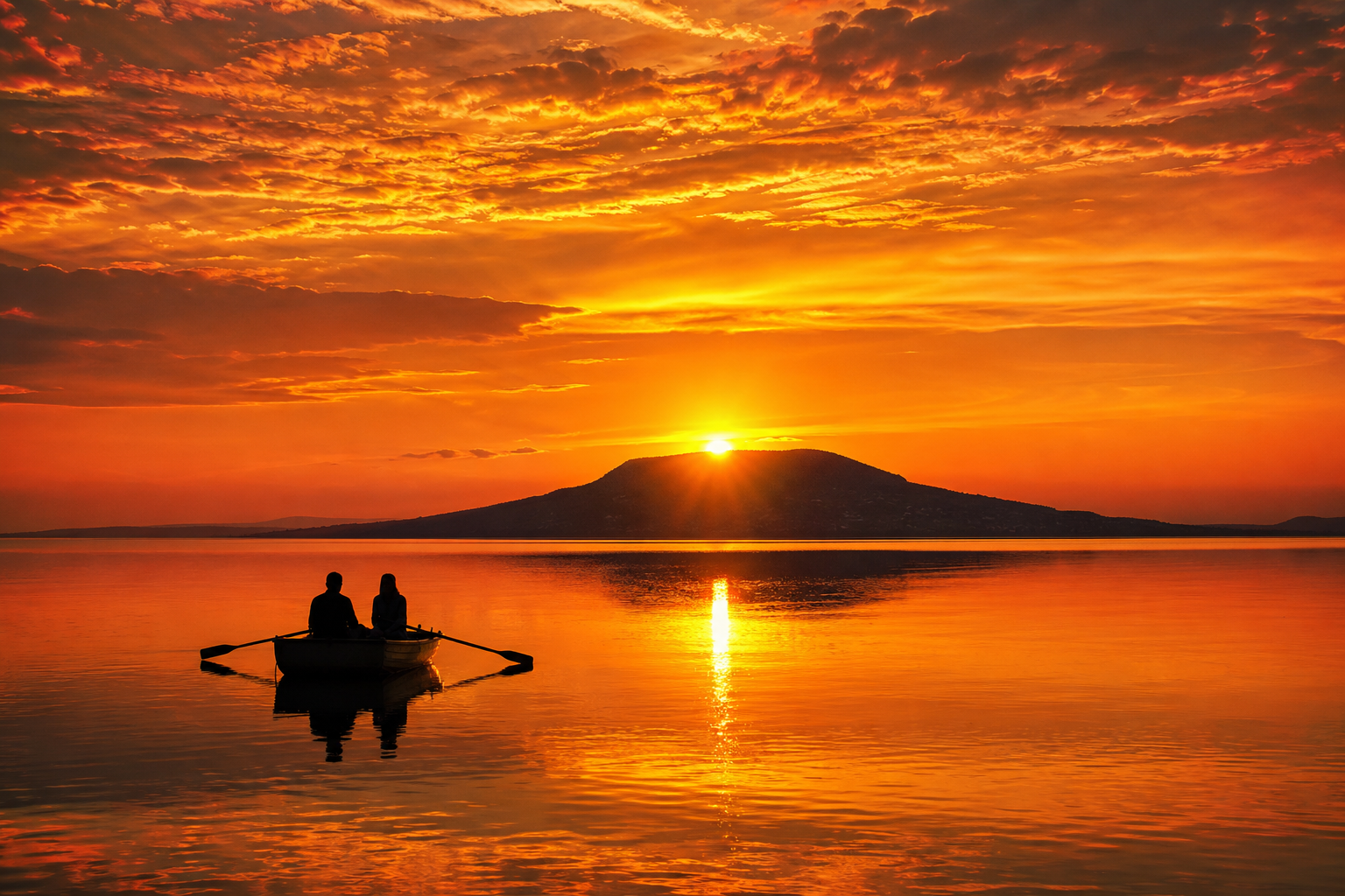 Person paddling at sunset with Badacsony in silhouette