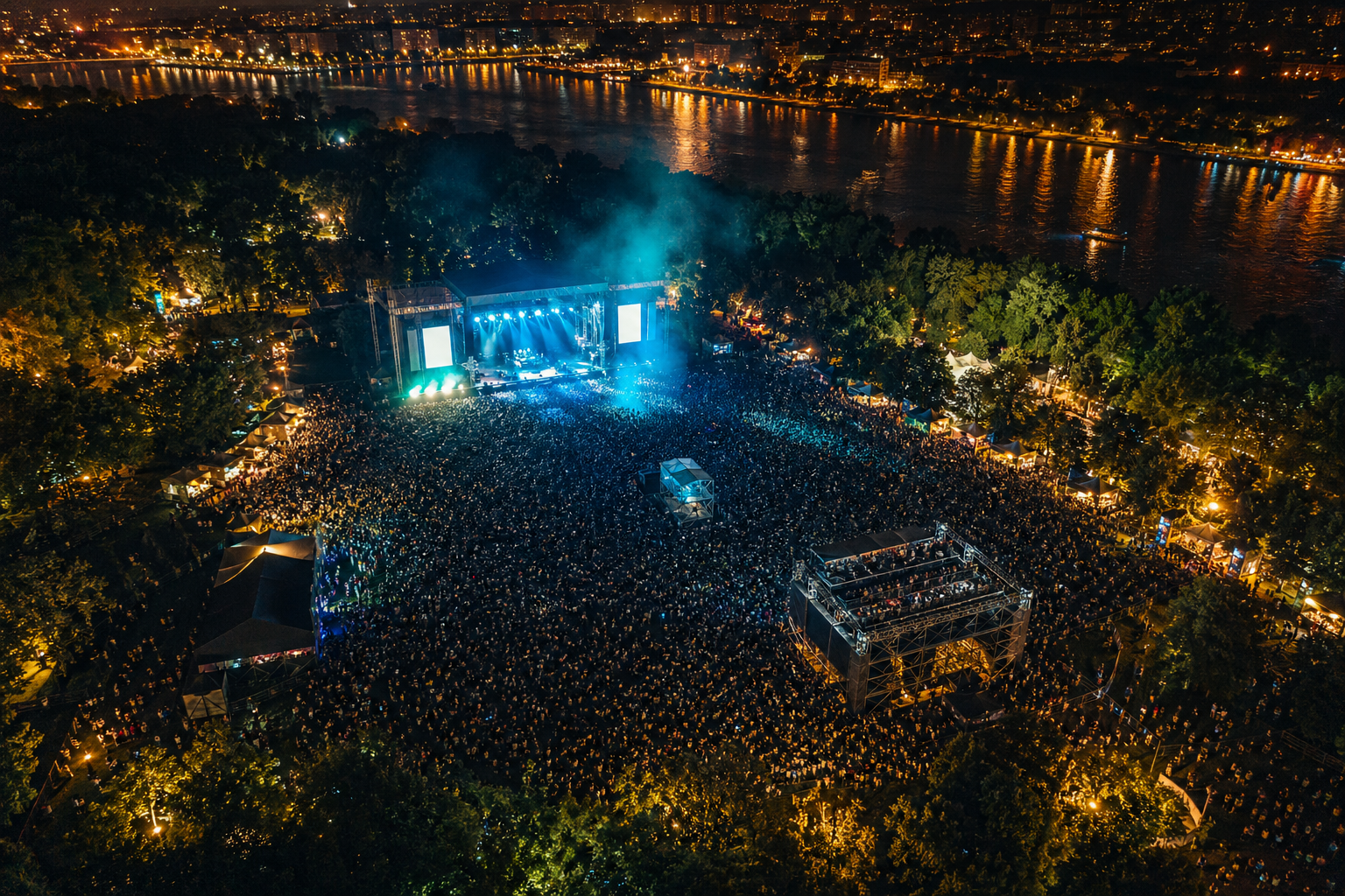 SZIN's riverside setting in Szeged seen from above at dusk
