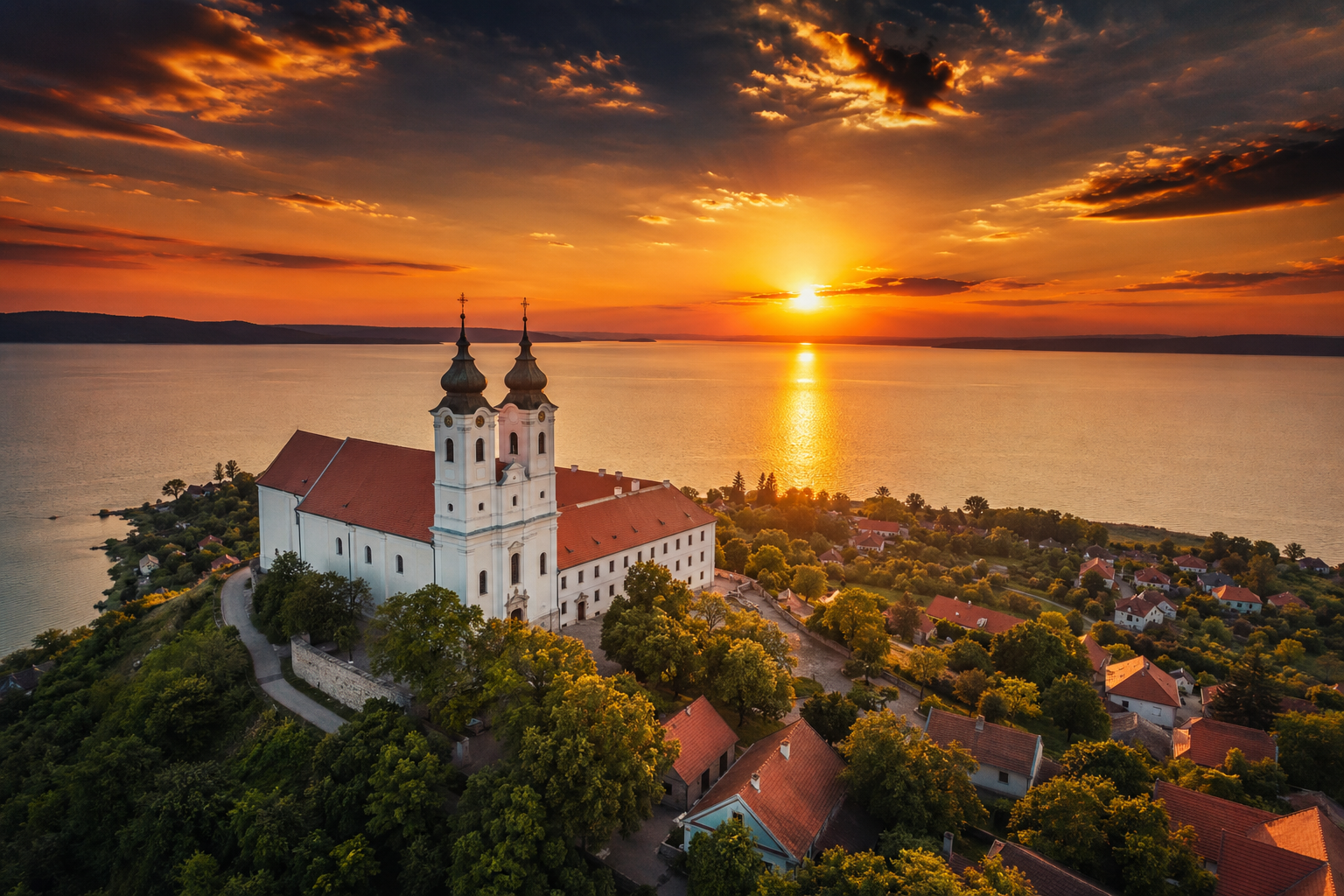Tihany Abbey at sunset above Lake Balaton