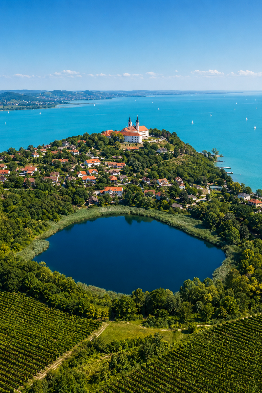 Aerial view of the Tihany peninsula and its inner lake