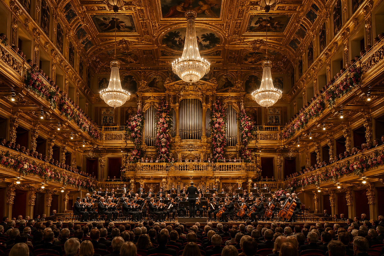 An orchestral concert in a golden Vienna concert hall