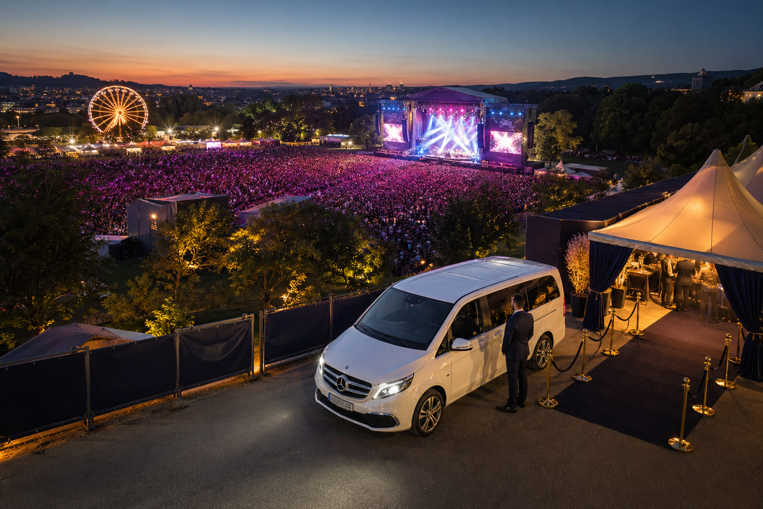 A private transfer pauses above the festival lights at dusk