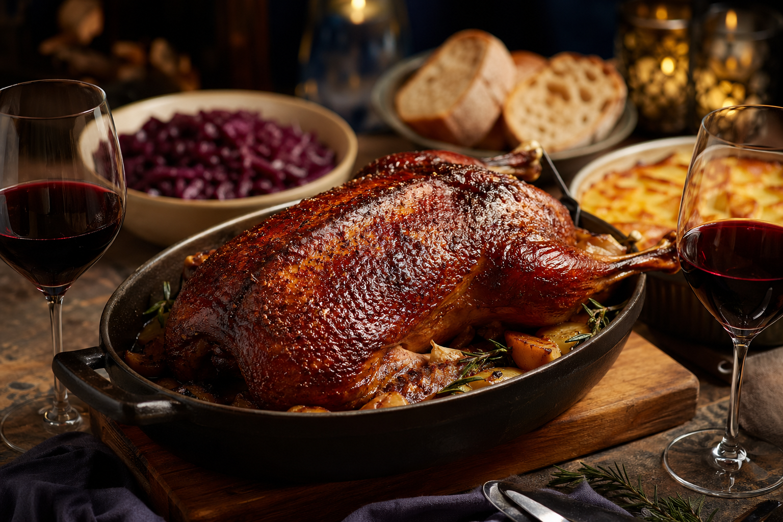 Golden roasted whole duck in a cast iron pan surrounded by red wine, braised cabbage, gratin, and bread