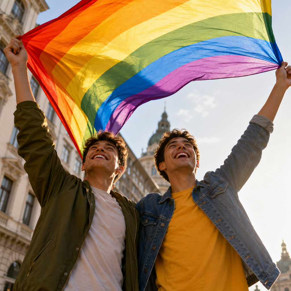 Two friends holding a rainbow flag on a Budapest street