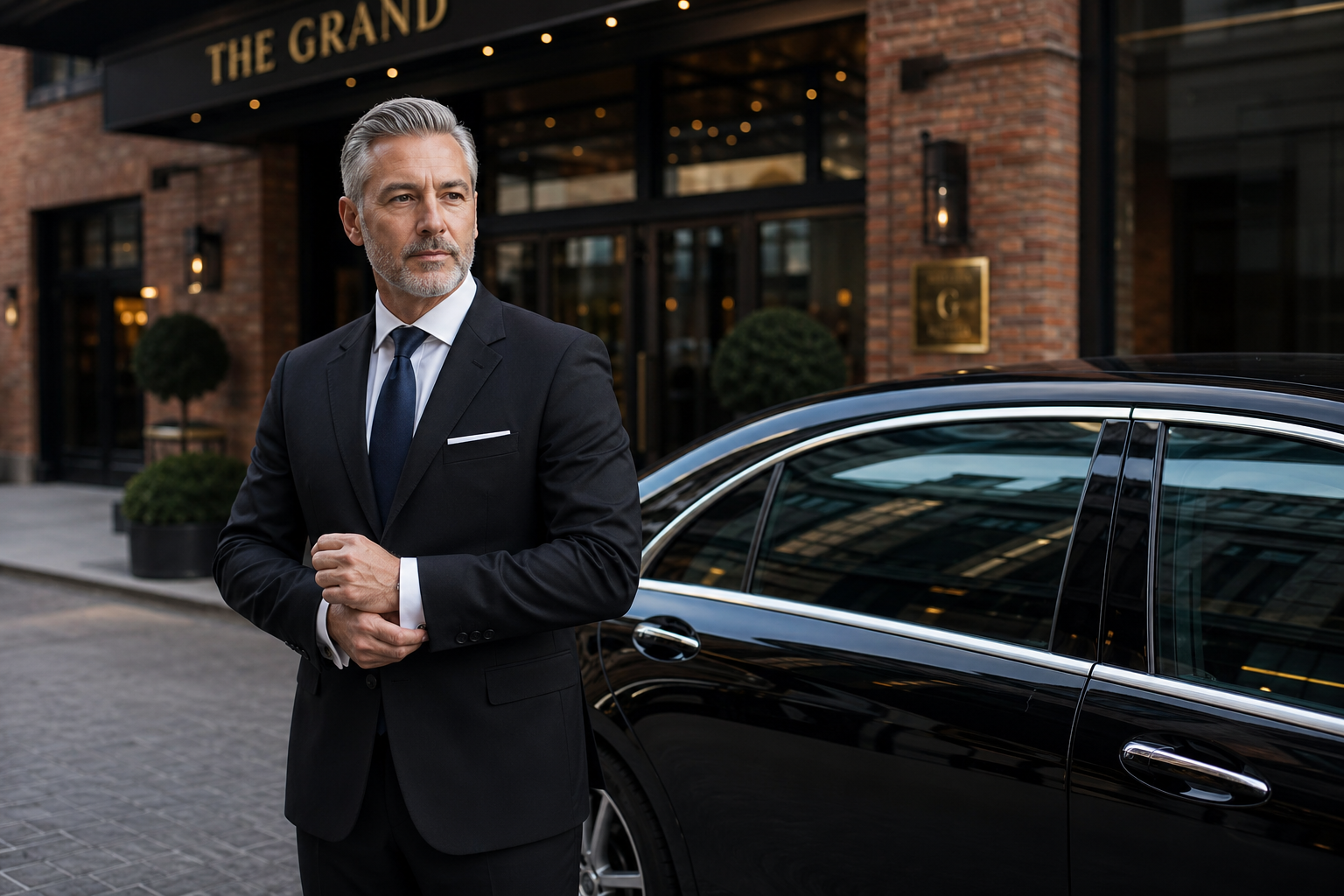 Executive chauffeur beside a premium sedan at a city hotel