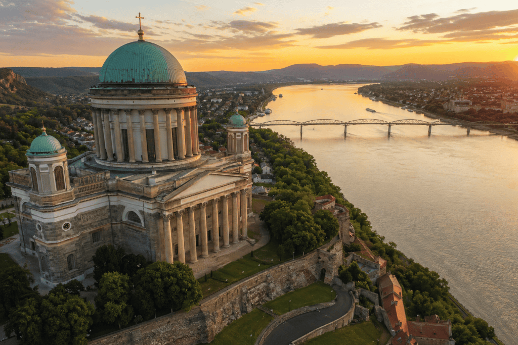Esztergom Basilica above the Danube at sunset