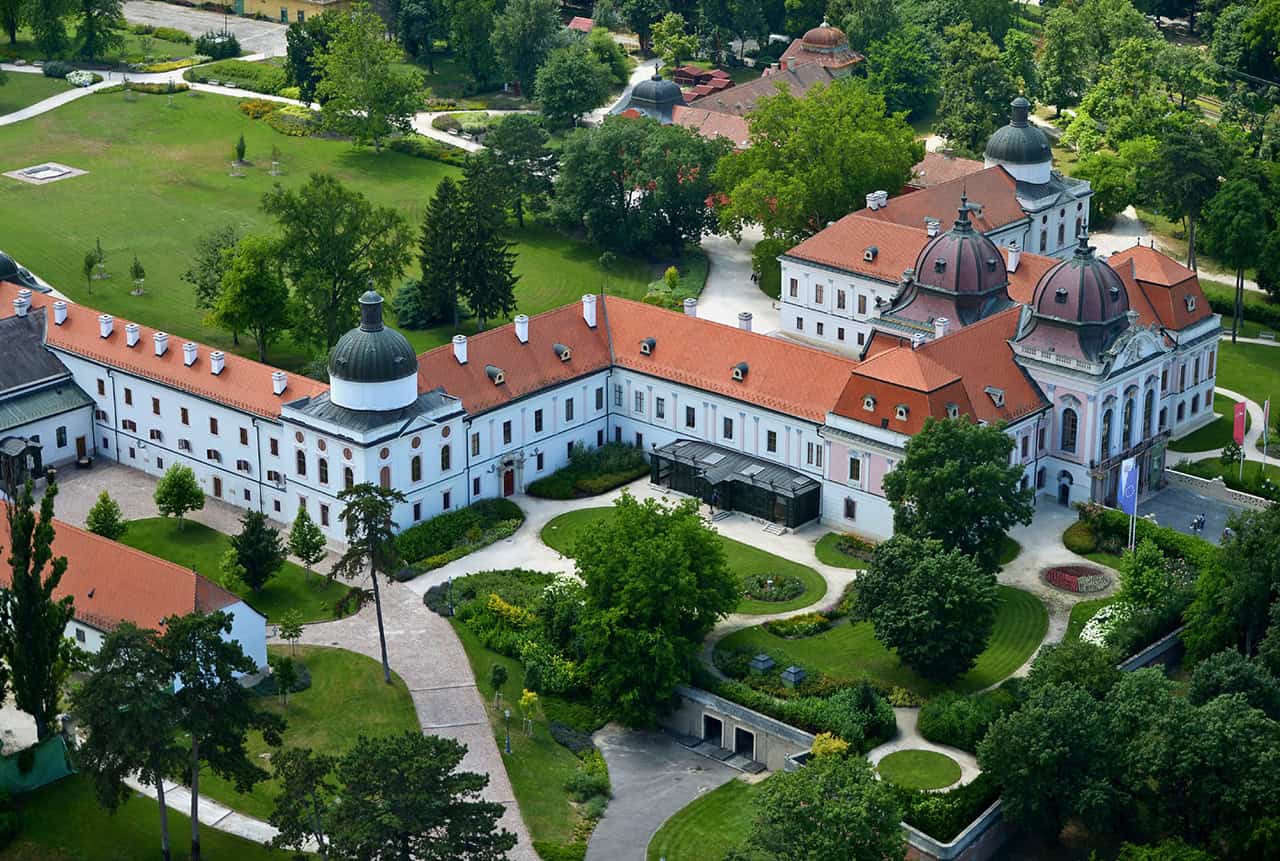 Aerial view of G&ouml;d&ouml;llő Royal Palace and its green park on a summer day trip from Budapest
