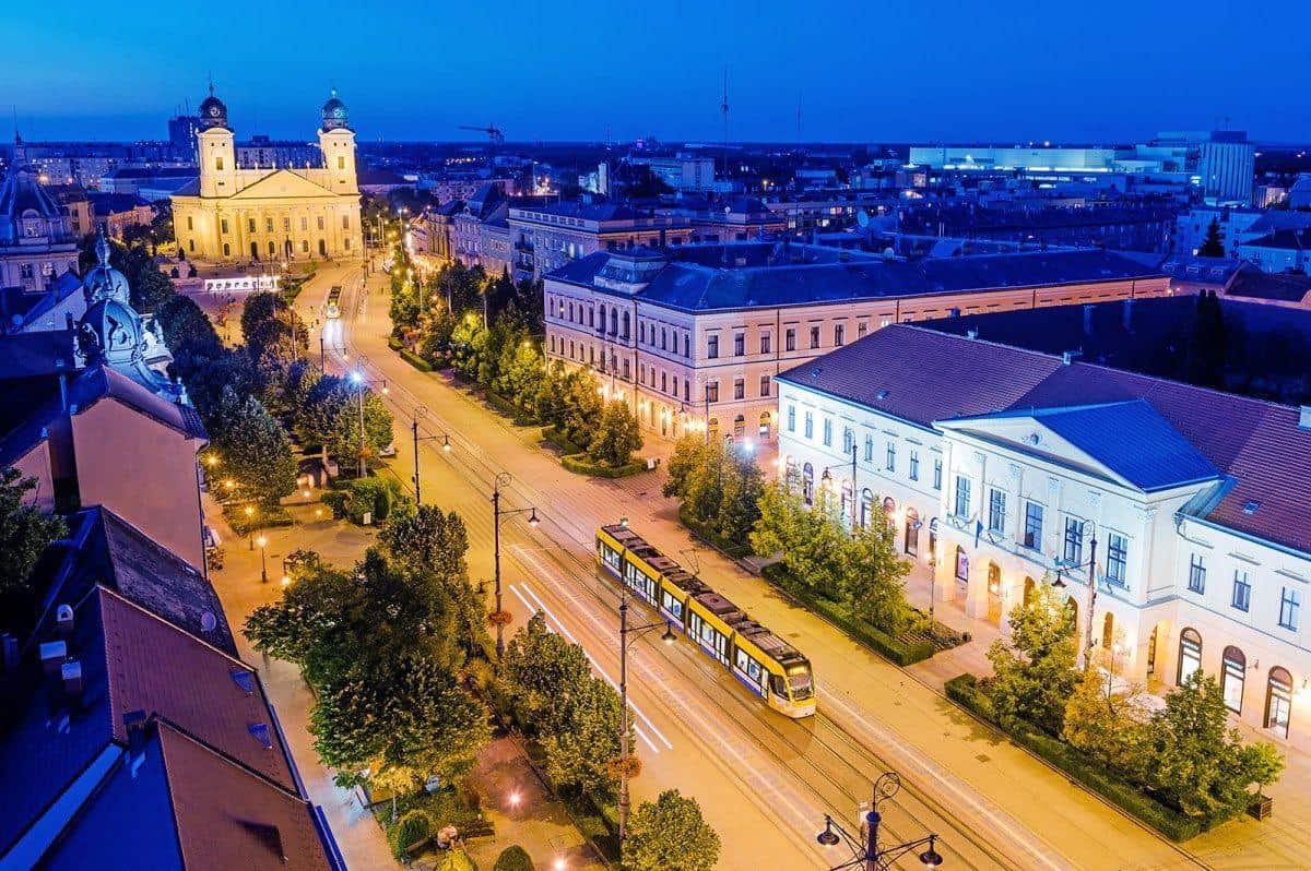 Debrecen city center at night with atmospheric lighting