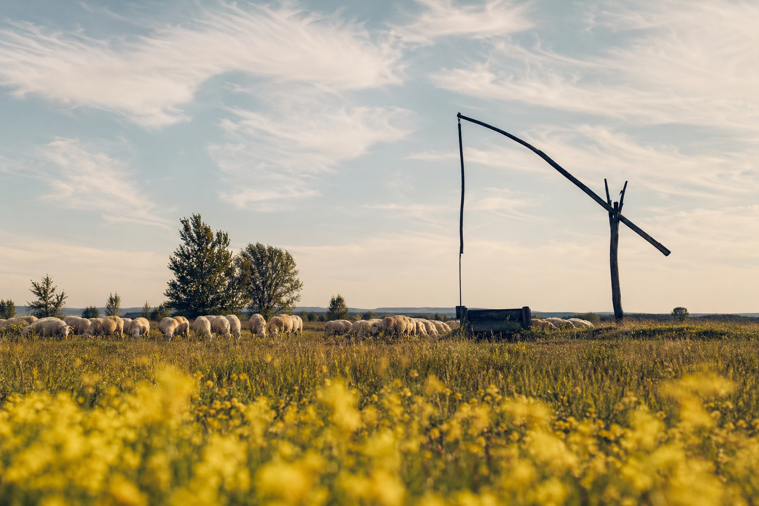 Traditional well (gémeskút) on the Hungarian Puszta landscape