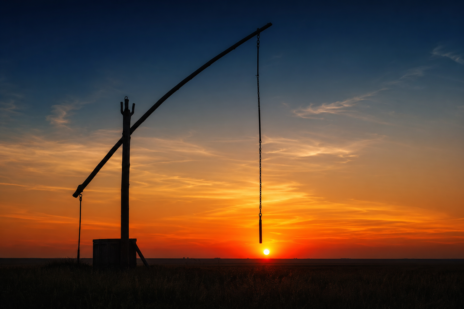 Hortobágy sunset with traditional well sweep silhouette