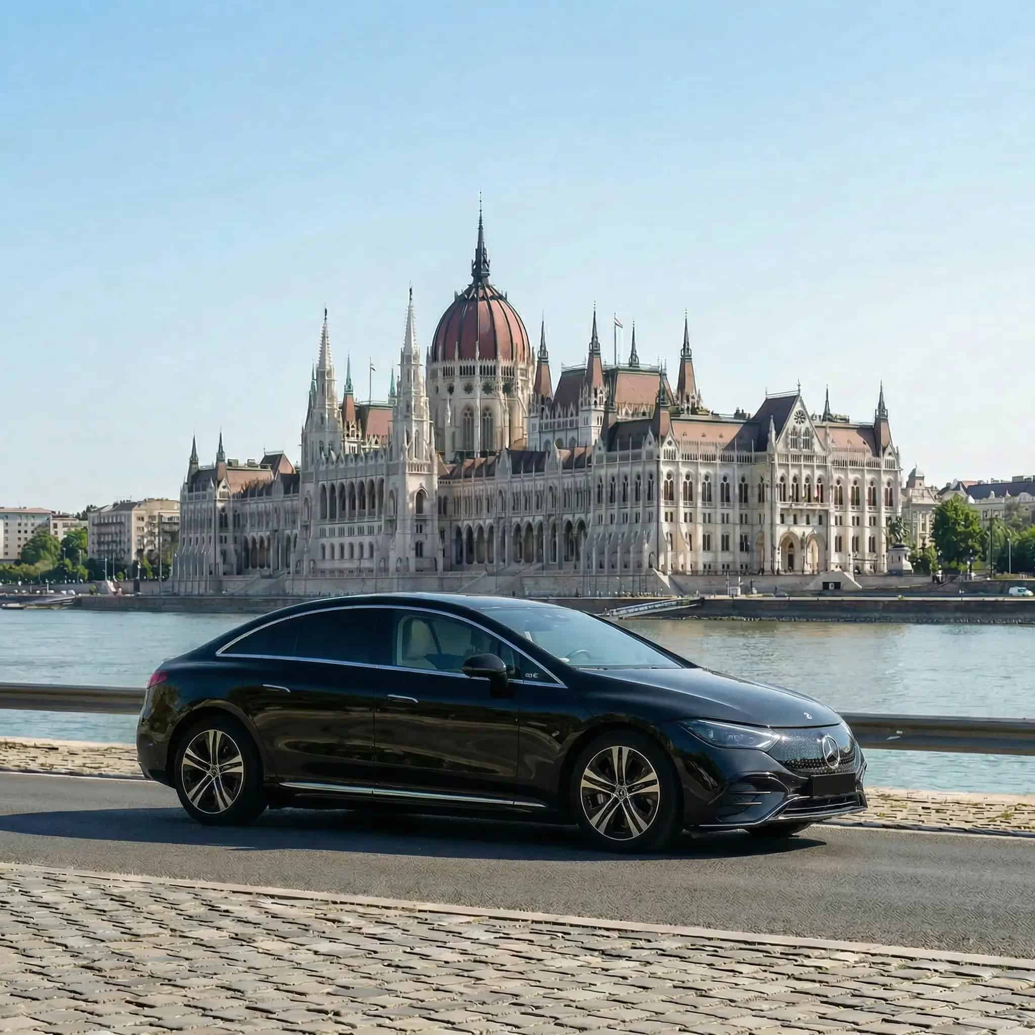 Black Mercedes with the Hungarian Parliament across the Danube in Budapest