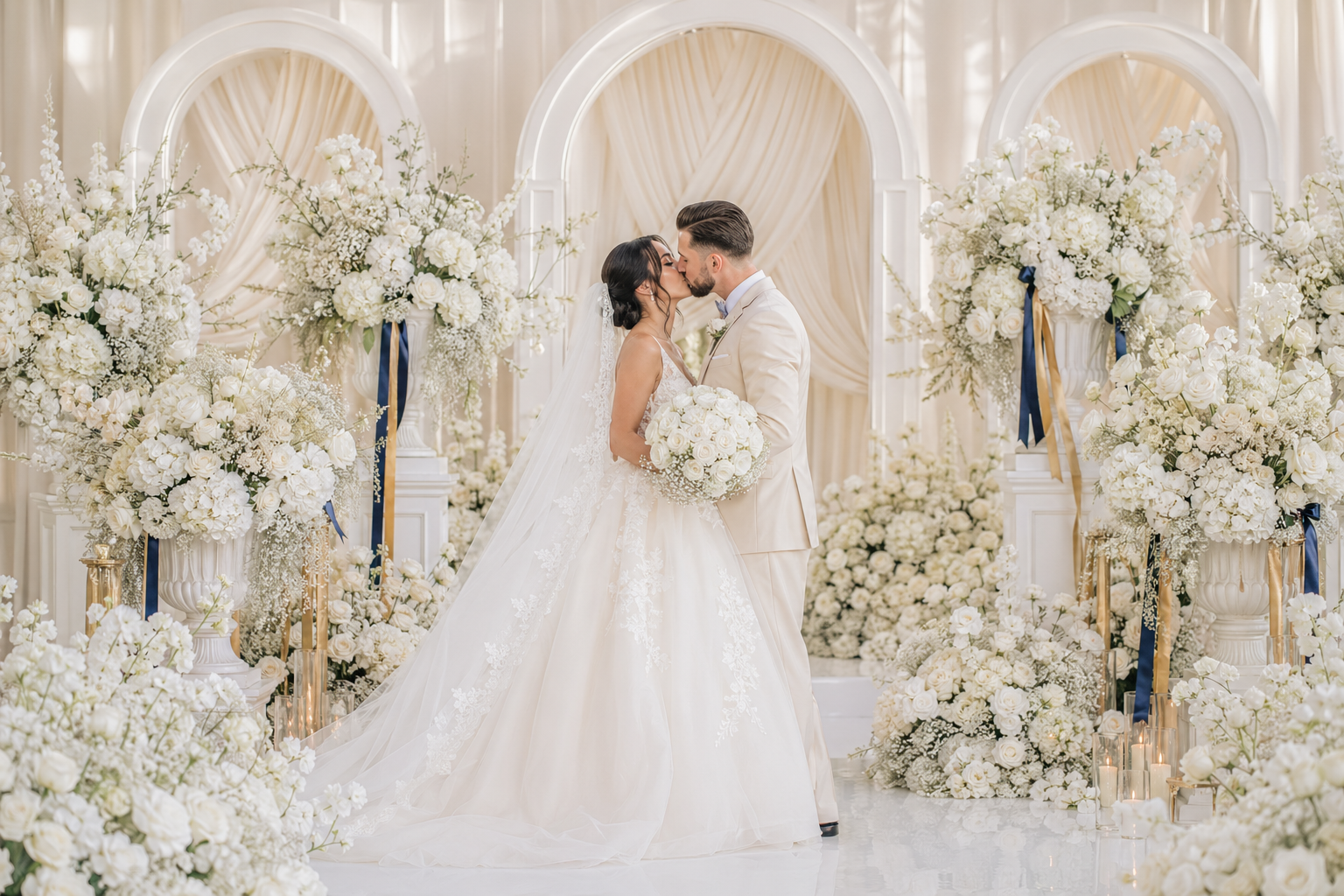 Les mariés s'embrassent dans un décor de mariage aux fleurs blanches.