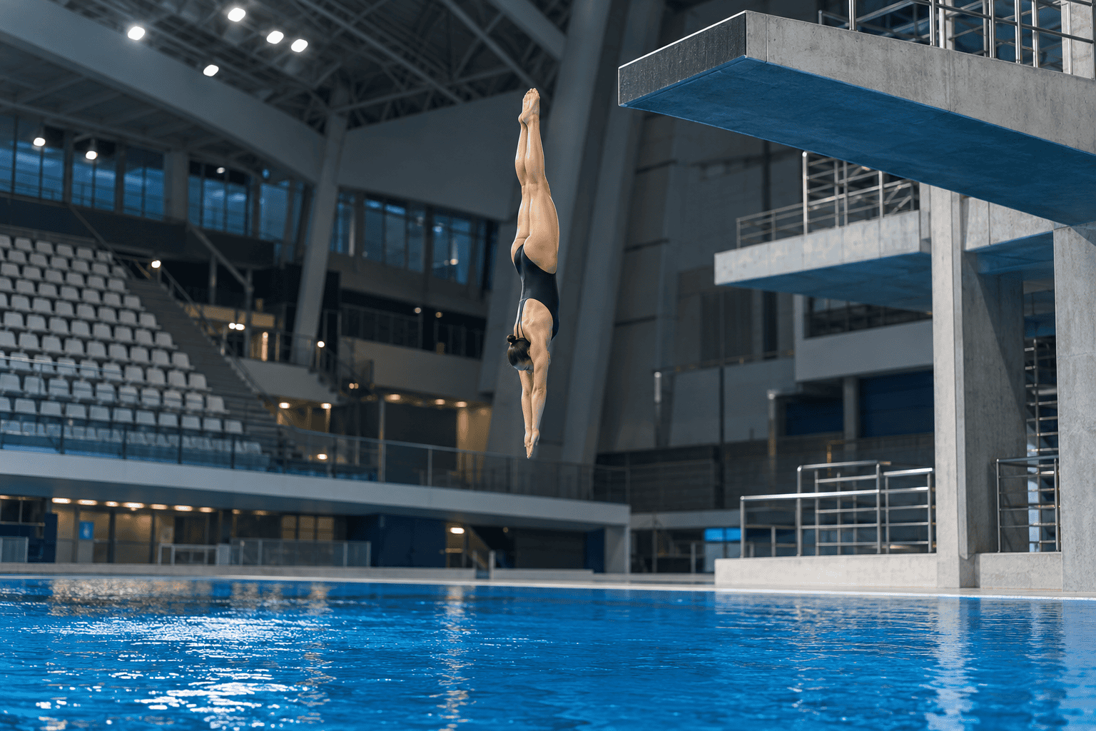Adult diver in a controlled airborne position above a diving pool.