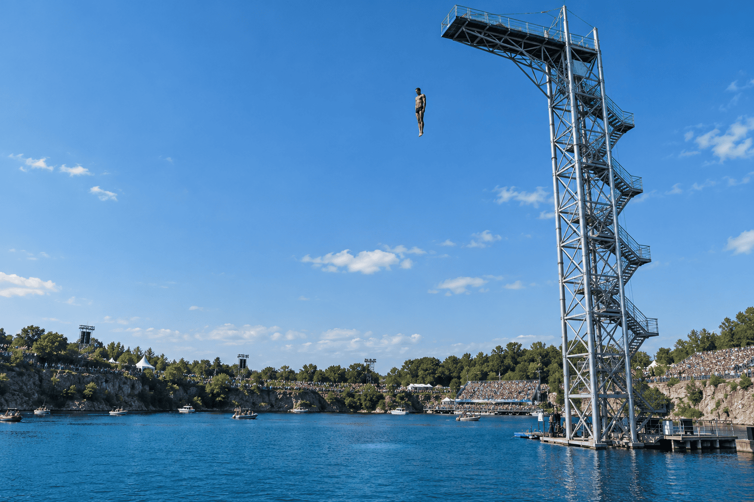 Adult high diver in flight from a very high platform over deep open water.