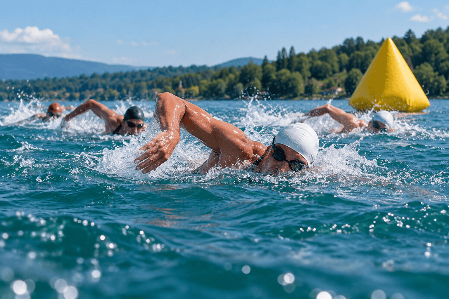Adult open water swimmers racing around a course buoy in a lake.