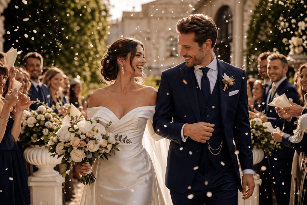 Bride and groom leaving the ceremony through a shower of confetti