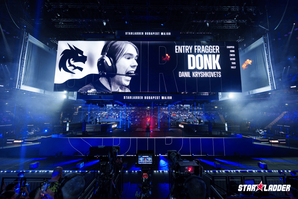 StarLadder Budapest Major esports arena in the MVM Dome, with the giant screen above the stage during a player entry
