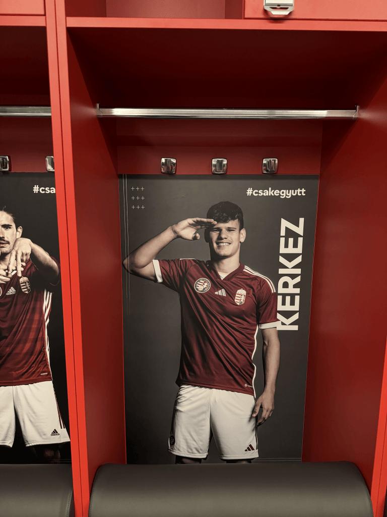 A player portrait labeled Kerkez on a red dressing-room locker.