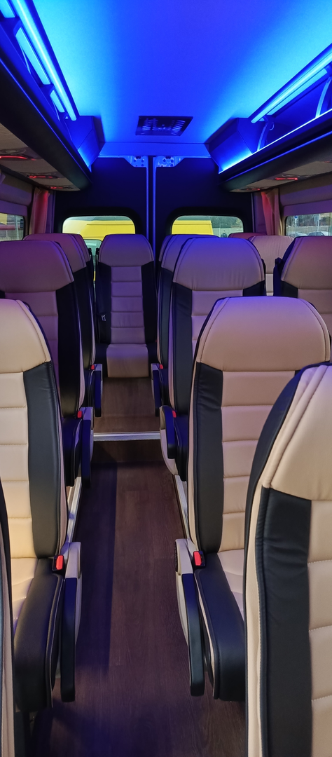 Ambient-lit cabin with cream seating in the evening