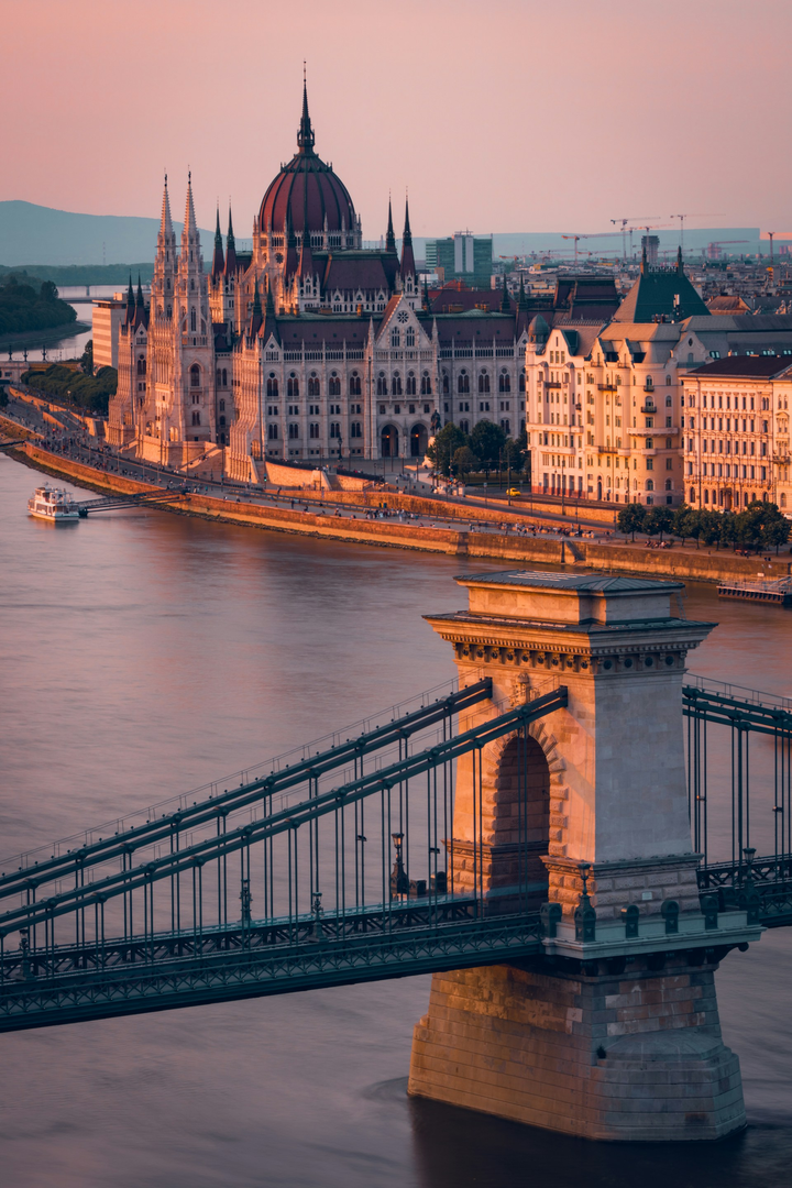 Budapest Parliament and Chain Bridge at sunset