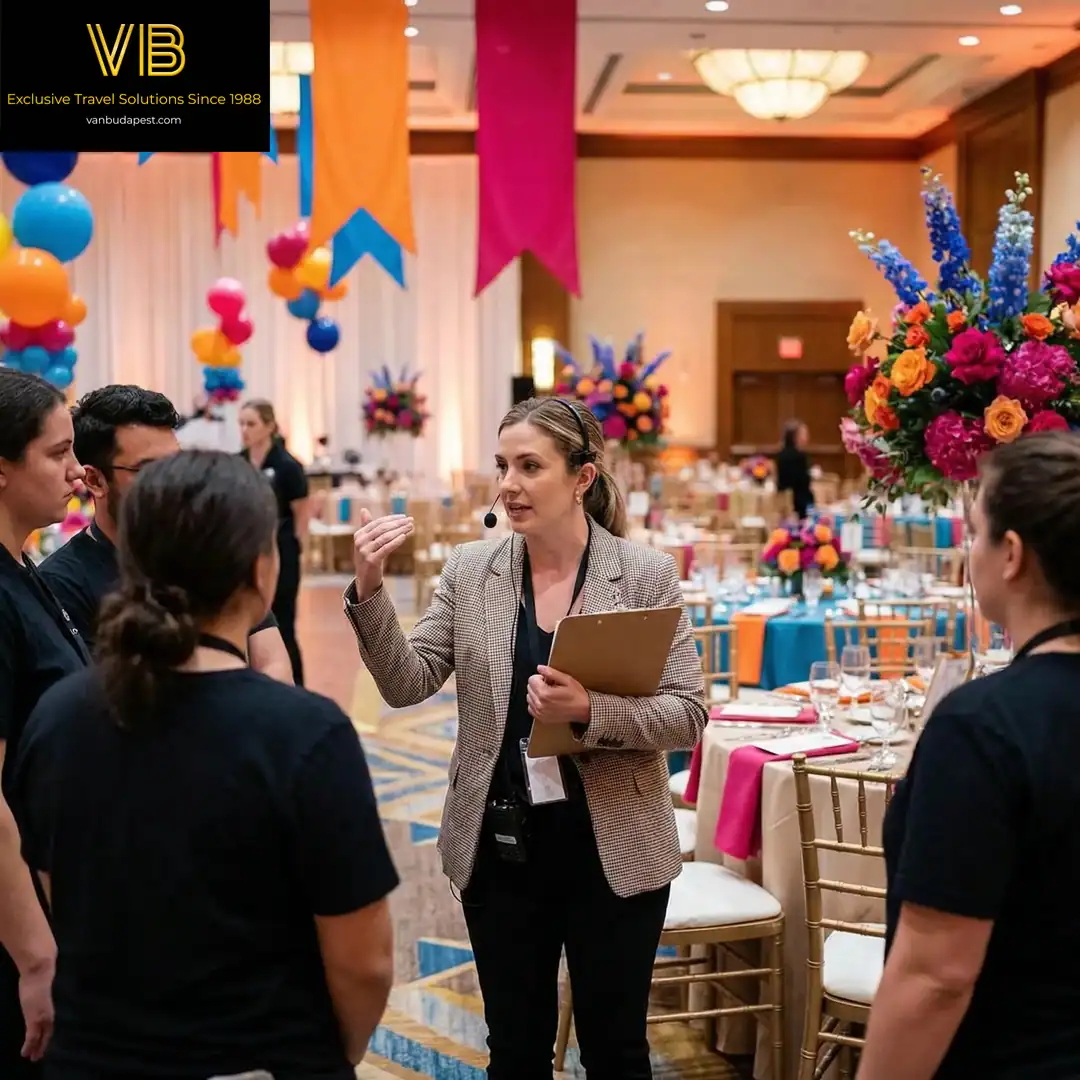 Coordinator briefing event staff before a gala